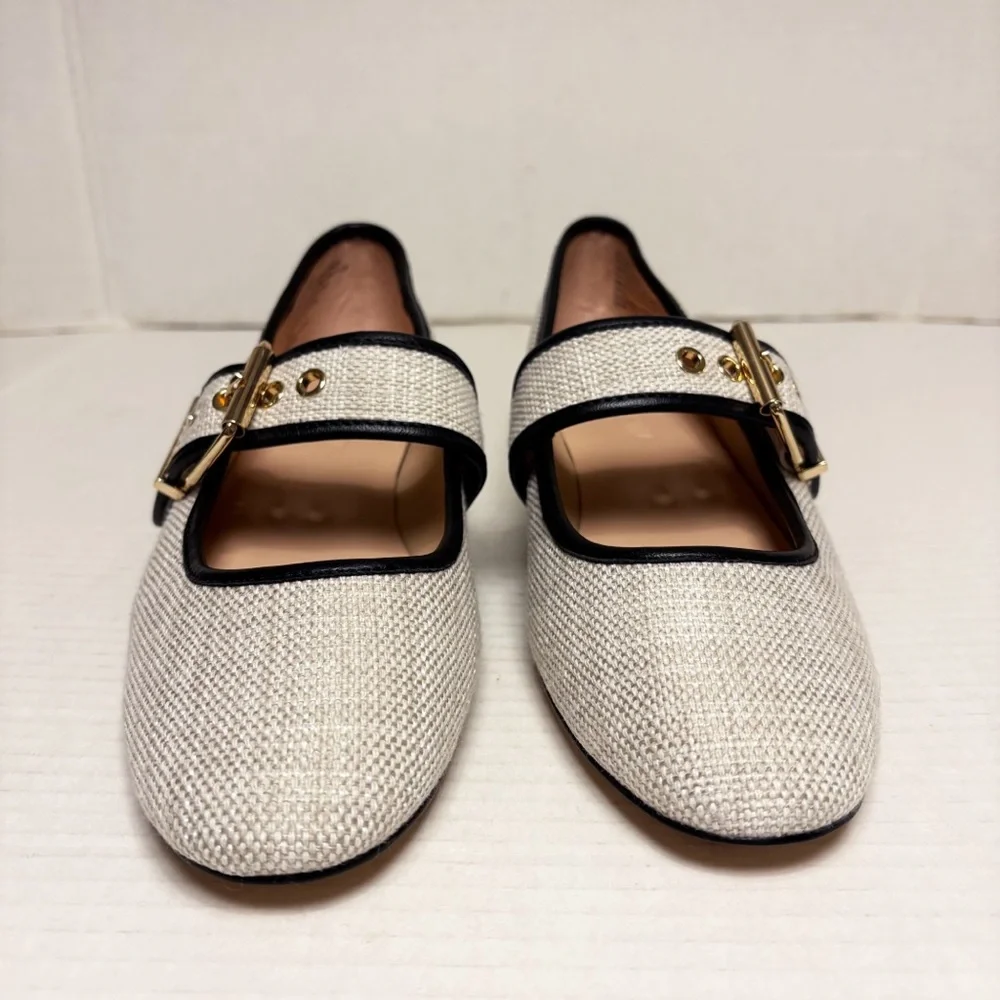 NWOB J. Crew Teagan Mary Jane Heels in Spanish Canvas Cream & Black - Picture 5 of 10